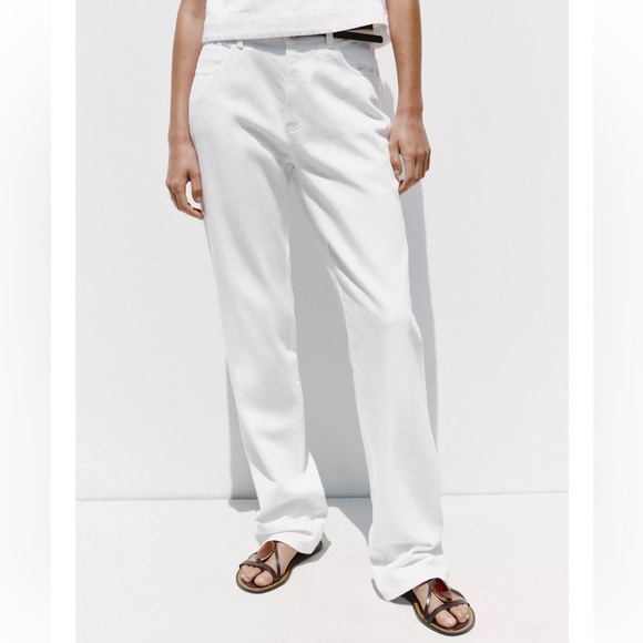 Zara Denim - 90s High-Waisted Straight Jeans with Belt, White, Zara, NWT